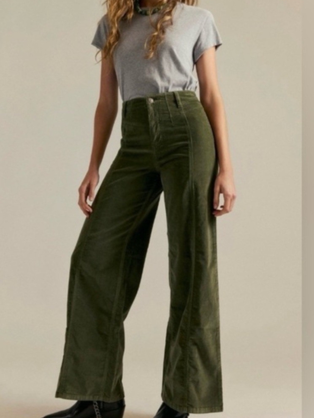 We The Free High-Rise Wide Leg Corduroy Pants - Olive Green